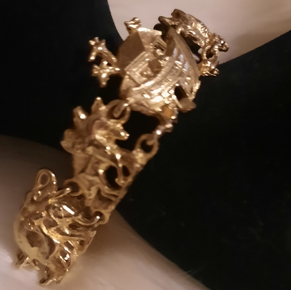 Noah's Ark Gold Colored Link Bracelet panel figural ark and animal vintage - Picture 10 of 14